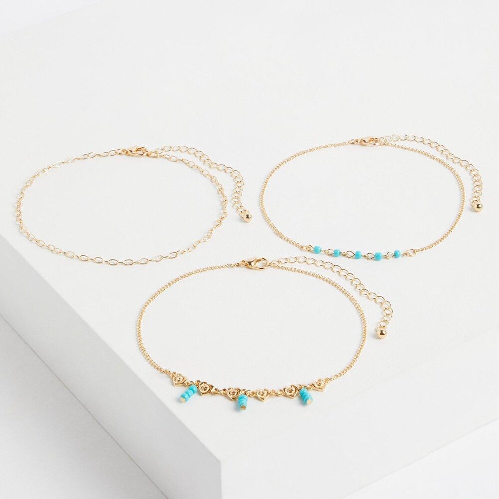 Torrid set of 3 gold tone and turquoise anklets